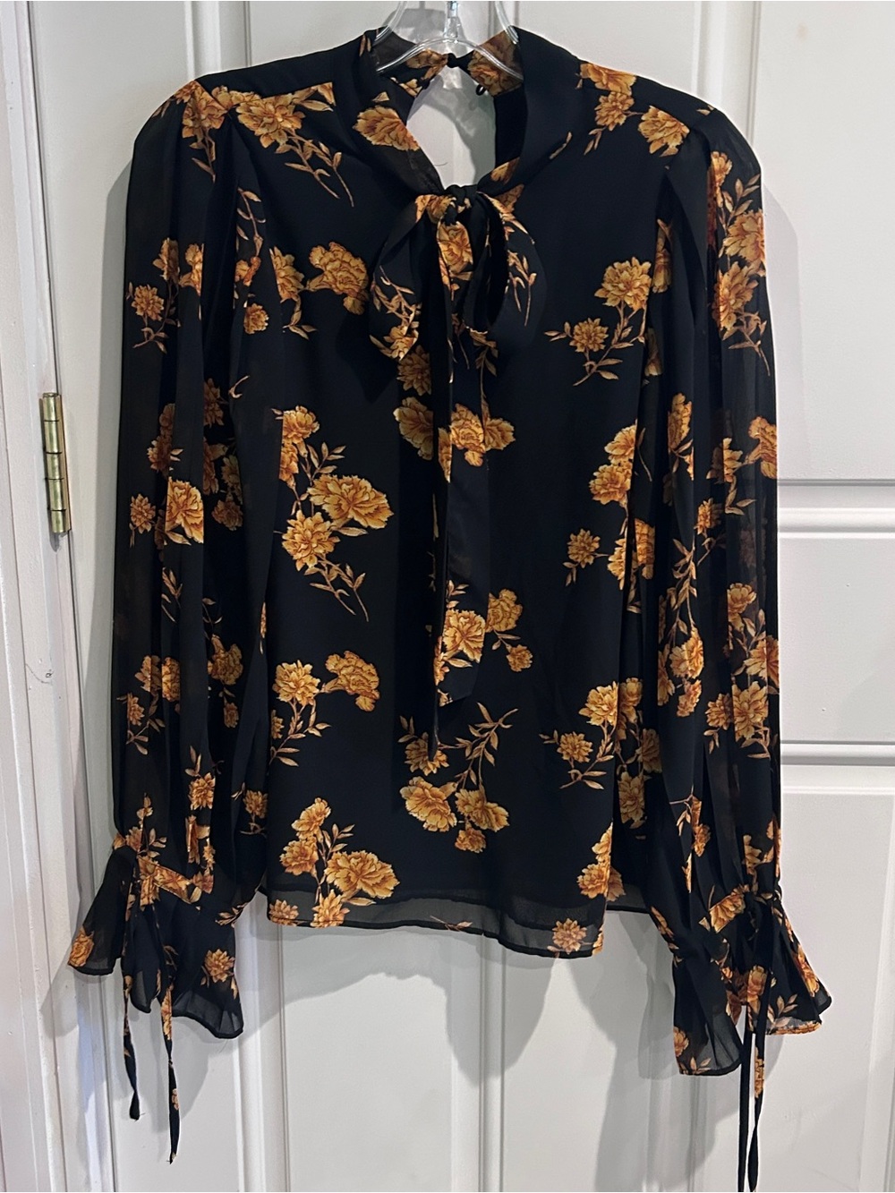 Forever 21 Black Floral Tie-Neck Blouse with Mustard Flowers